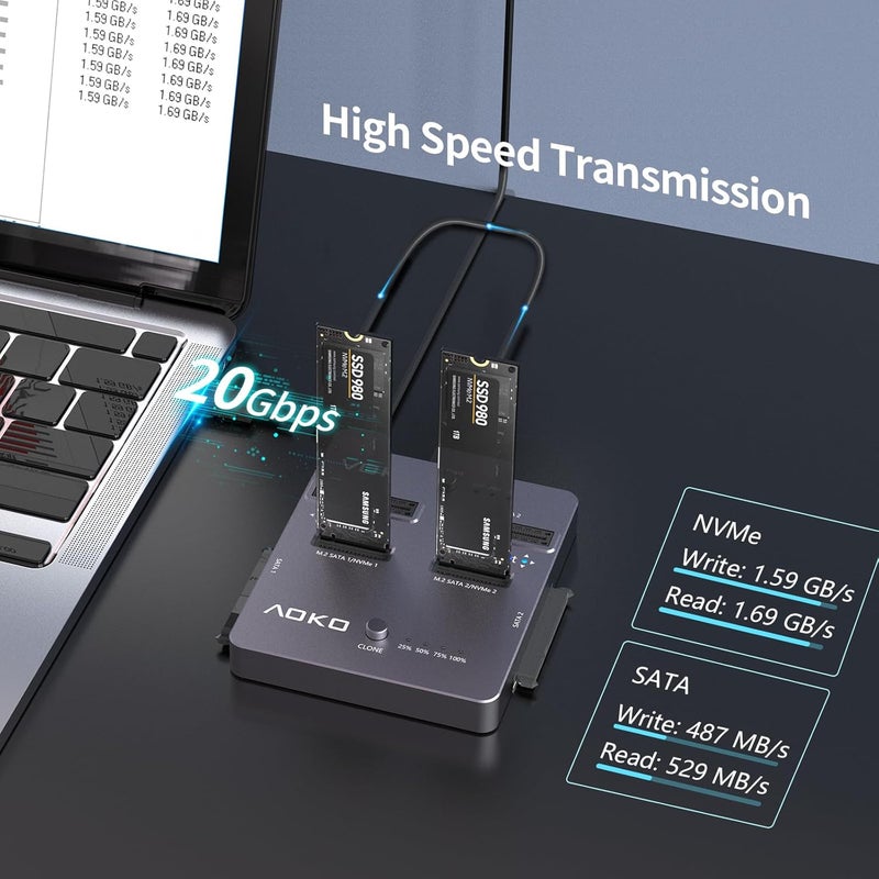 AOKO ناسخ SSD M.2 NVMe، ناسخ/قارئ أقراص صلبة مزدوجة 4 في 1، يدعم M.2 NVMe/NGFF SATA، mSATA و SATA 2.5"/3.5" HDD، النسخ غير المتصل بدون كمبيوتر - Image 5